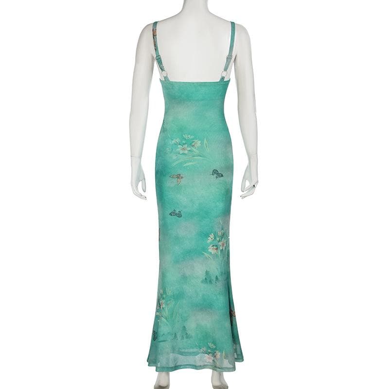 Dreamy Butterfly Print Ruched Mesh Maxi Dress | Cowl Neck & Mermaid Hem for Effortless Fall Style