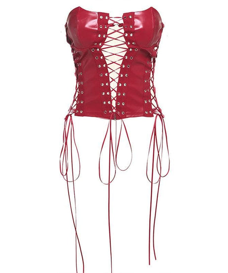Sultry Red Faux Leather Lace-Up Corset Top - Your Edgy Statement for Fall & Halloween Nights