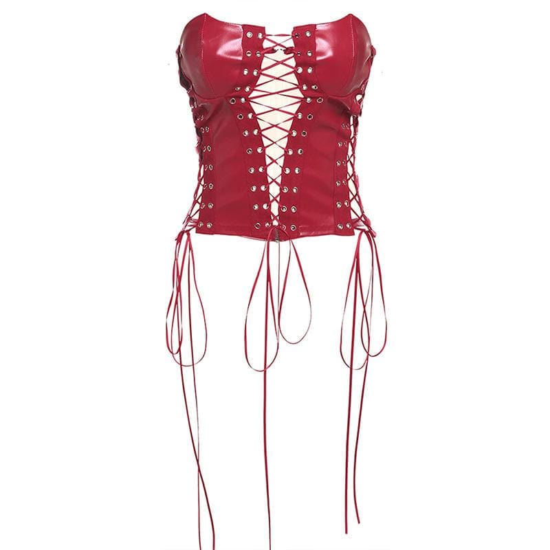 Sultry Red Faux Leather Lace-Up Corset Top - Your Edgy Statement for Fall & Halloween Nights