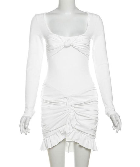 Autumn Glam: Chic White Long Sleeve Ruched Mini Dress - Knot Front & Ruffle Details