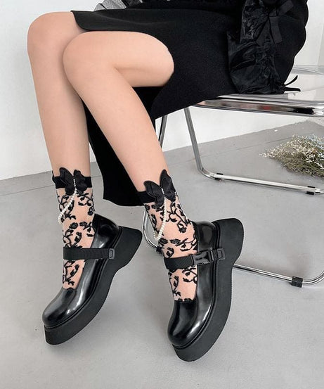 Enchanted Eve Sheer Floral Socks with Pearl Bow - Elevate Your Fall & Halloween Style
