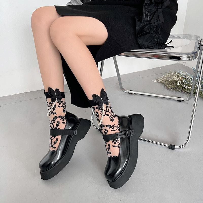 Enchanted Eve Sheer Floral Socks with Pearl Bow - Elevate Your Fall & Halloween Style