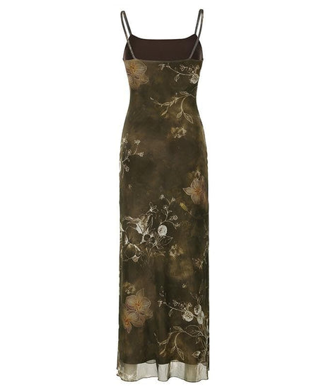 Fall Bloom Y2K Vintage Floral Mesh Cami Maxi Dress - Effortless Autumn Style