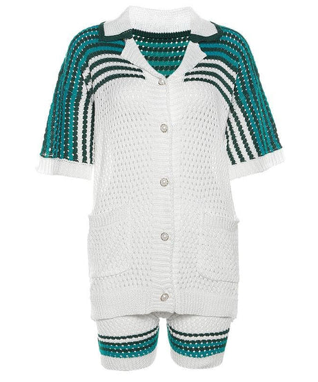 Cozy Knit Polo Top & Shorts Set - Effortless Green & White Fall Loungewear