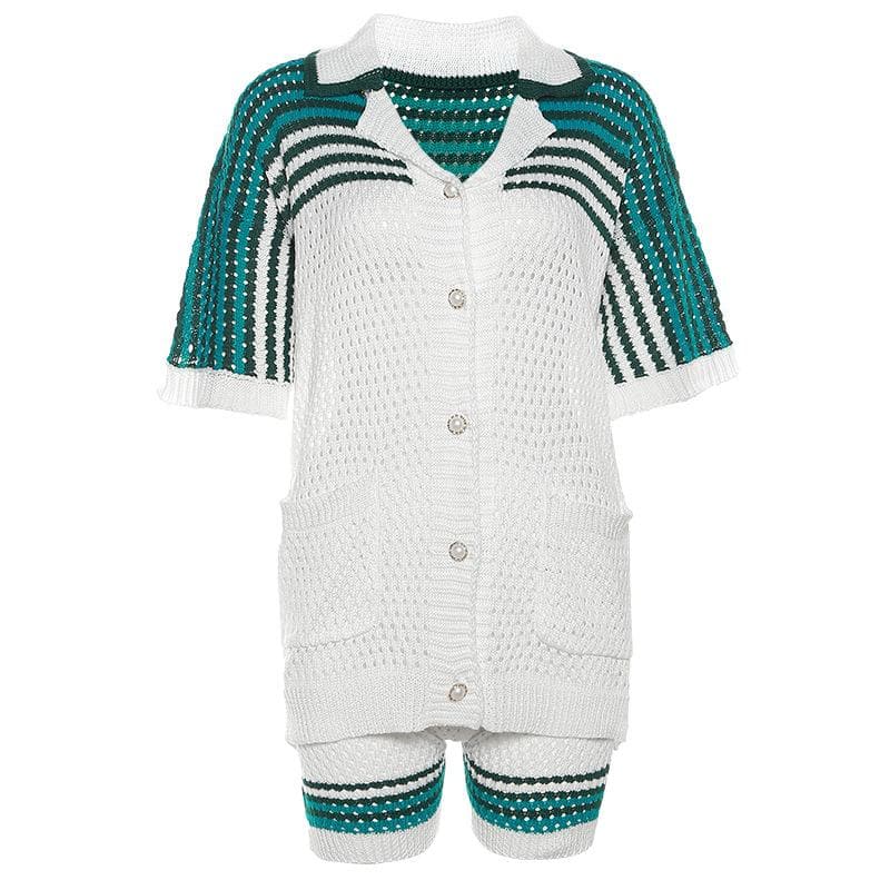 Cozy Knit Polo Top & Shorts Set - Effortless Green & White Fall Loungewear