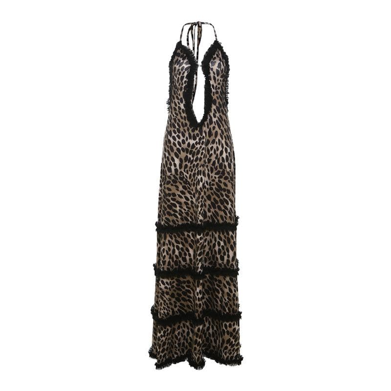 Fall Rendezvous: Luxe Leopard Ruffle Halter Maxi Dress – Your Head-Turning Style Statement