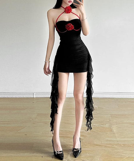 Fall Glamour: Mocha Rose Halter Mini Dress - Ruched Bodycon with Dramatic Ruffled Sashes