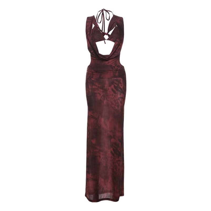 Sultry Fall Nights Halter Maxi Dress | Deep Burgundy Cowl Neck Statement Gown
