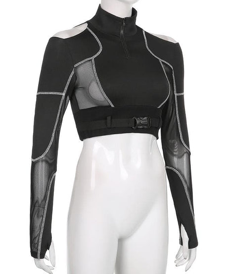 Edgy Chic Fall Mesh Crop Top - Quarter-Zip, Cold Shoulder & Tactical Buckle Detail