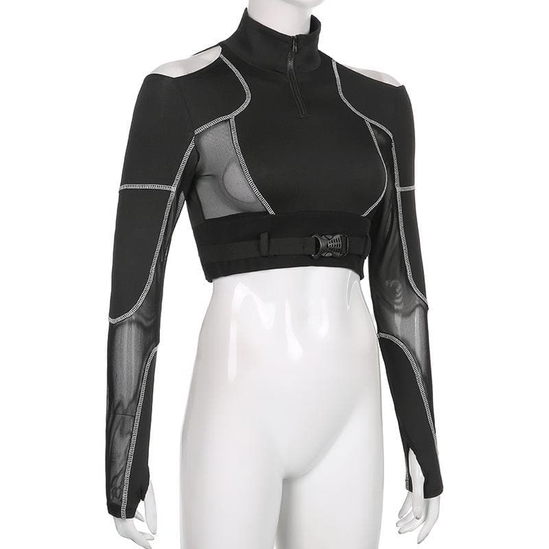 Edgy Chic Fall Mesh Crop Top - Quarter-Zip, Cold Shoulder & Tactical Buckle Detail