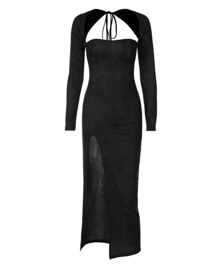 Alluring Shimmer Long Sleeve Slit Midi Dress with Chic Tie-Neck Bolero | Fall & Holiday Party Ready