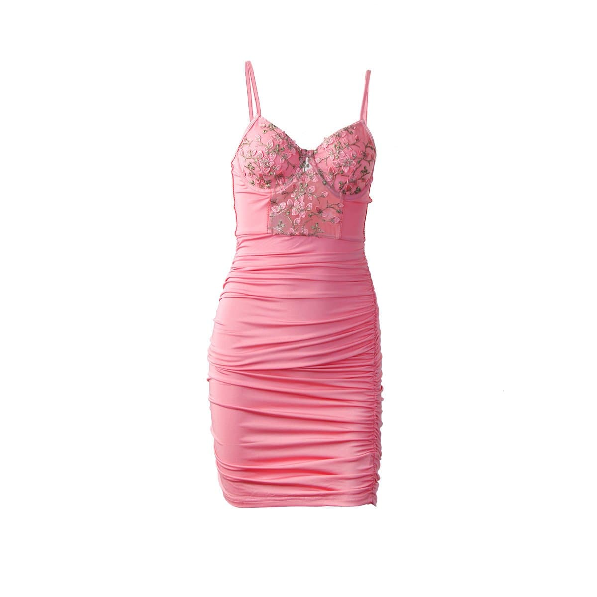 Enchanting Pink Floral Embroidered Ruched Mini Dress - Perfect for Holiday Parties & Resort Getaways