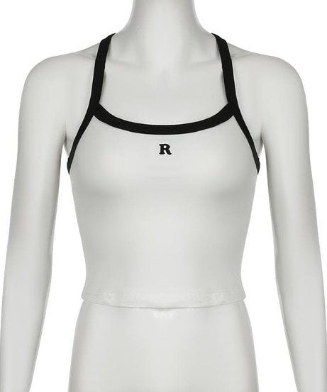 Cozy Chic Navy Racerback Crop Top with 'R' Logo - Fall Athleisure & Layering Essential