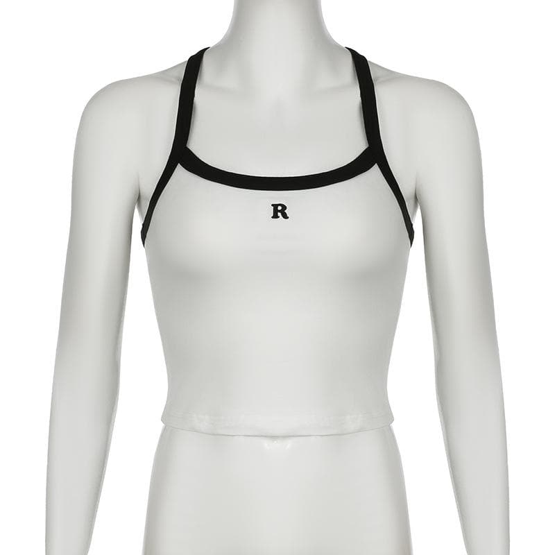 Cozy Chic Navy Racerback Crop Top with 'R' Logo - Fall Athleisure & Layering Essential