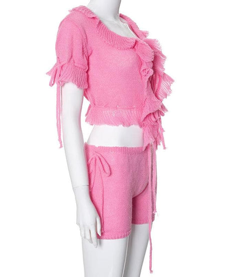 Sweetheart Pink Ruffle Knit Set - Adjustable Crop Top & Shorts | Cozy Fall Chic
