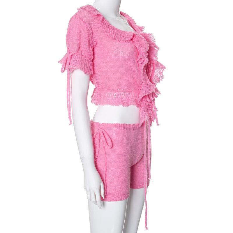 Sweetheart Pink Ruffle Knit Set - Adjustable Crop Top & Shorts | Cozy Fall Chic