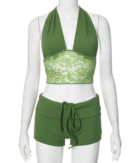 Y2K Dream Pink Ribbed Halter Crop Top & Shorts Lounge Set | Lace Trim