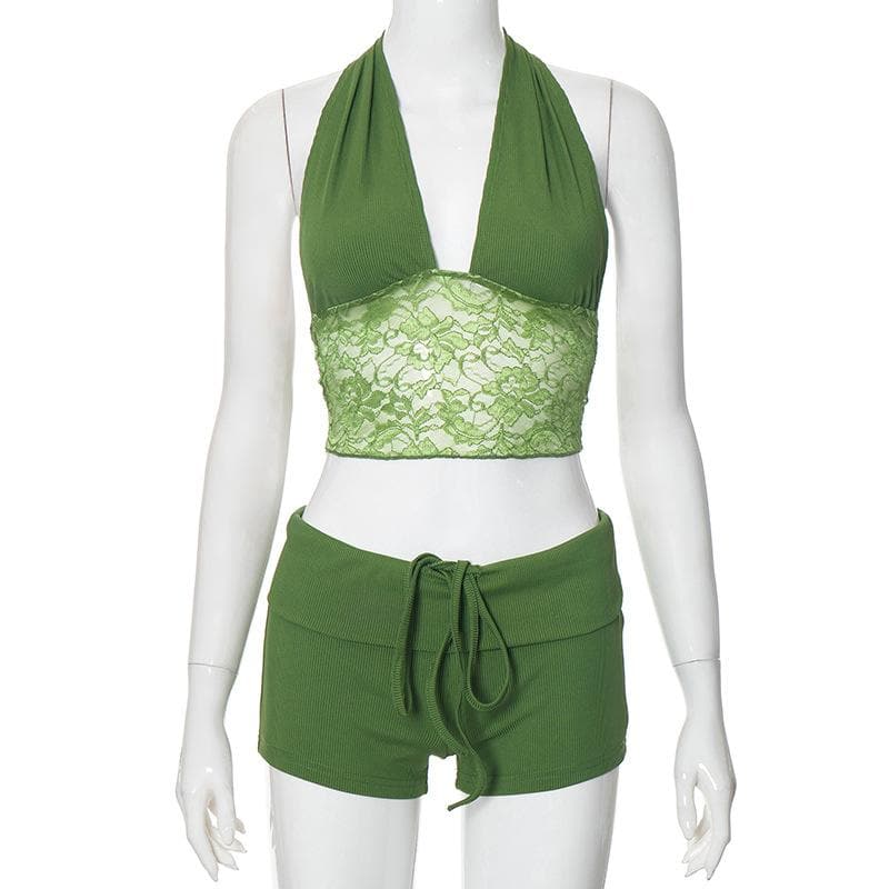 Y2K Dream Pink Ribbed Halter Crop Top & Shorts Lounge Set | Lace Trim