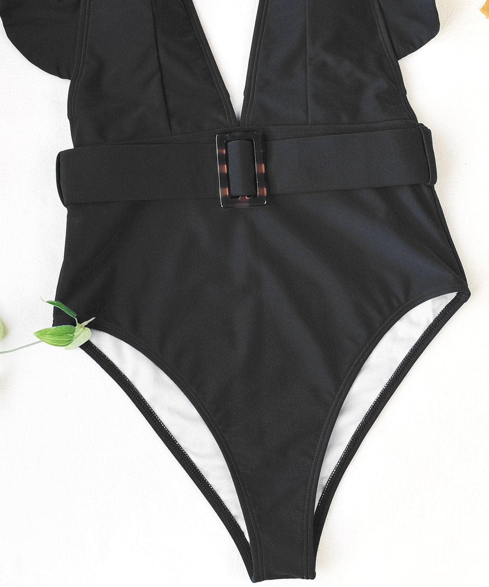 Chic White Ruffle V-Neck One-Piece Swimsuit with Tortoiseshell Buckle | Your Resort & Winter Vacation Essential