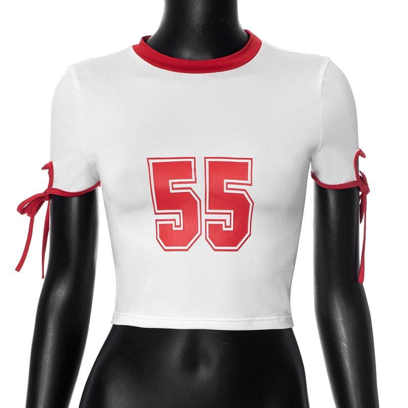 Game Day Ready '55' Crop Top | Women's Retro Ringer Tee with Chic Tie Sleeves