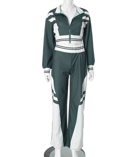 Women's Fall Athleisure Black & White Tracksuit Set | Zip-Up Crop Jacket & Wide Leg Pants