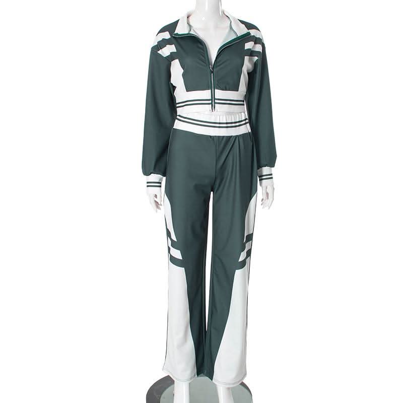 Women's Fall Athleisure Black & White Tracksuit Set | Zip-Up Crop Jacket & Wide Leg Pants