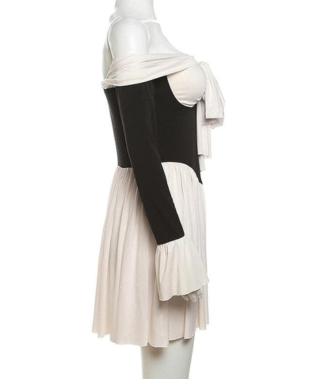 The 'Glamour Bow' Off-Shoulder Mini Dress | Chic Contrast Fall & Holiday Party Essential