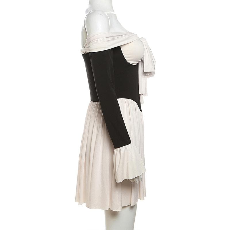 The 'Glamour Bow' Off-Shoulder Mini Dress | Chic Contrast Fall & Holiday Party Essential