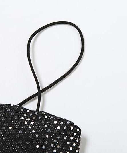 Dazzling Black Glitter Two-Piece Set: Ruched Slit Maxi Skirt & Cami Crop Top - Holiday & NYE Glam