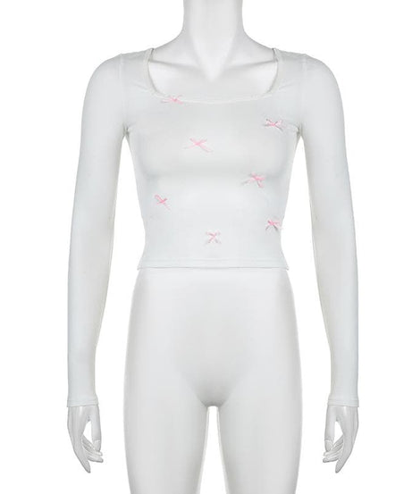 Sweetheart Square Neck Long Sleeve Top with Dainty Pink Bows - Your Perfect Fall Staple