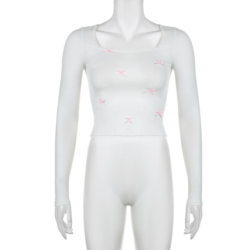 Sweetheart Square Neck Long Sleeve Top with Dainty Pink Bows - Your Perfect Fall Staple