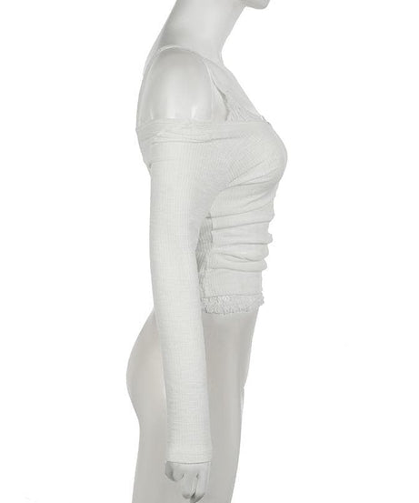 Effortless Fall Chic: Layered Off-Shoulder Ruched Top with Delicate Lace Trim