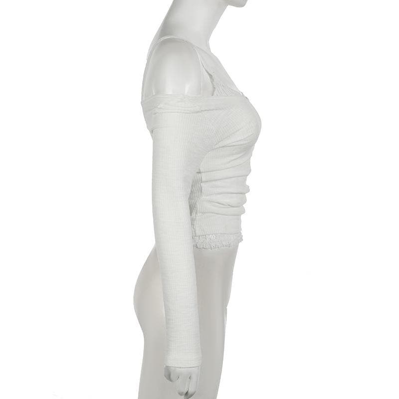 Effortless Fall Chic: Layered Off-Shoulder Ruched Top with Delicate Lace Trim