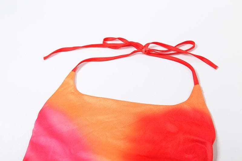 Vibrant Sunset Ombre Halter Mini Dress - Chic Ruched Bodycon for Fall Parties & Getaways