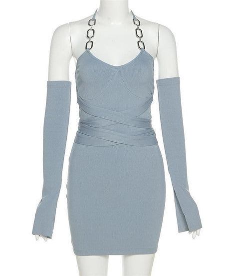 Elevate Your Fall Style: Ribbed Chain Halter Bodycon Mini Dress with Statement Sleeves