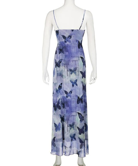 Dreamy Periwinkle Butterfly Mesh Maxi Dress with Lace Trim - Effortless Fall Style