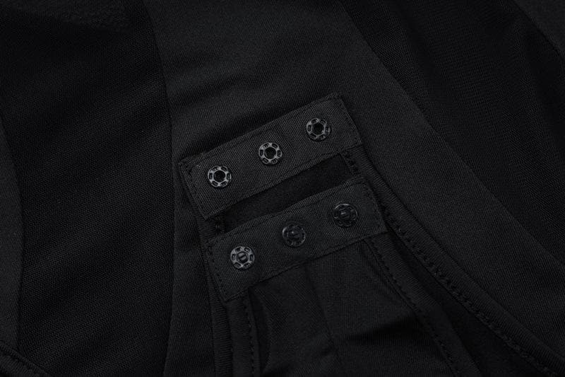 Sleek Black Mesh Panel Mock Neck Bodysuit - Edgy Long Sleeve Top for Fall & Halloween