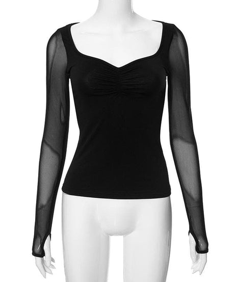 Sleek Ruched Sweetheart Mesh Long Sleeve Top with Thumbholes – Your Fall 2025 Style Essential