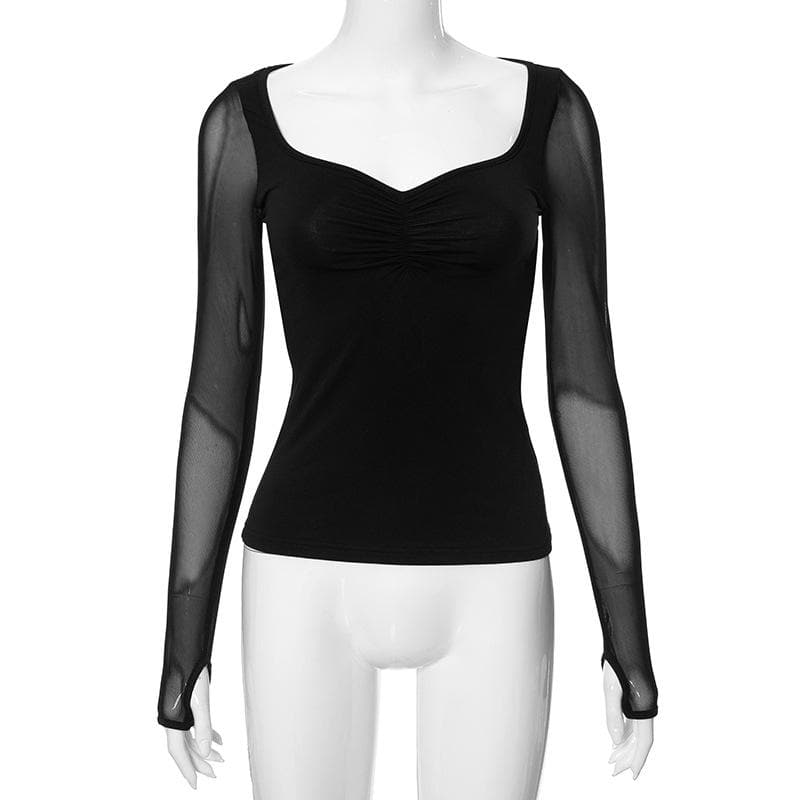 Sleek Ruched Sweetheart Mesh Long Sleeve Top with Thumbholes – Your Fall 2025 Style Essential
