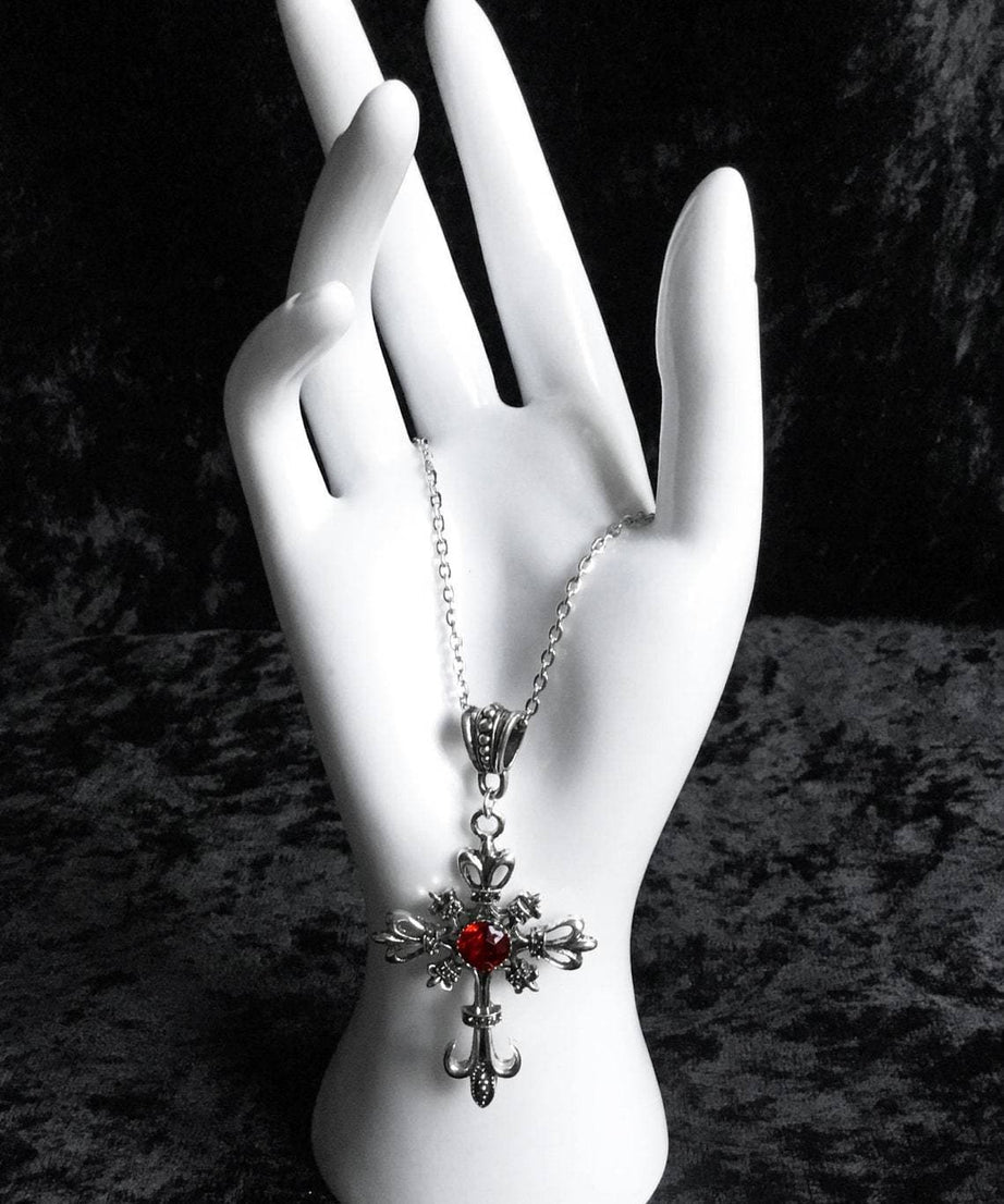 Enchanting Gothic Cross Necklace with Blood Red Jewel - Dark Elegance for Fall & Halloween