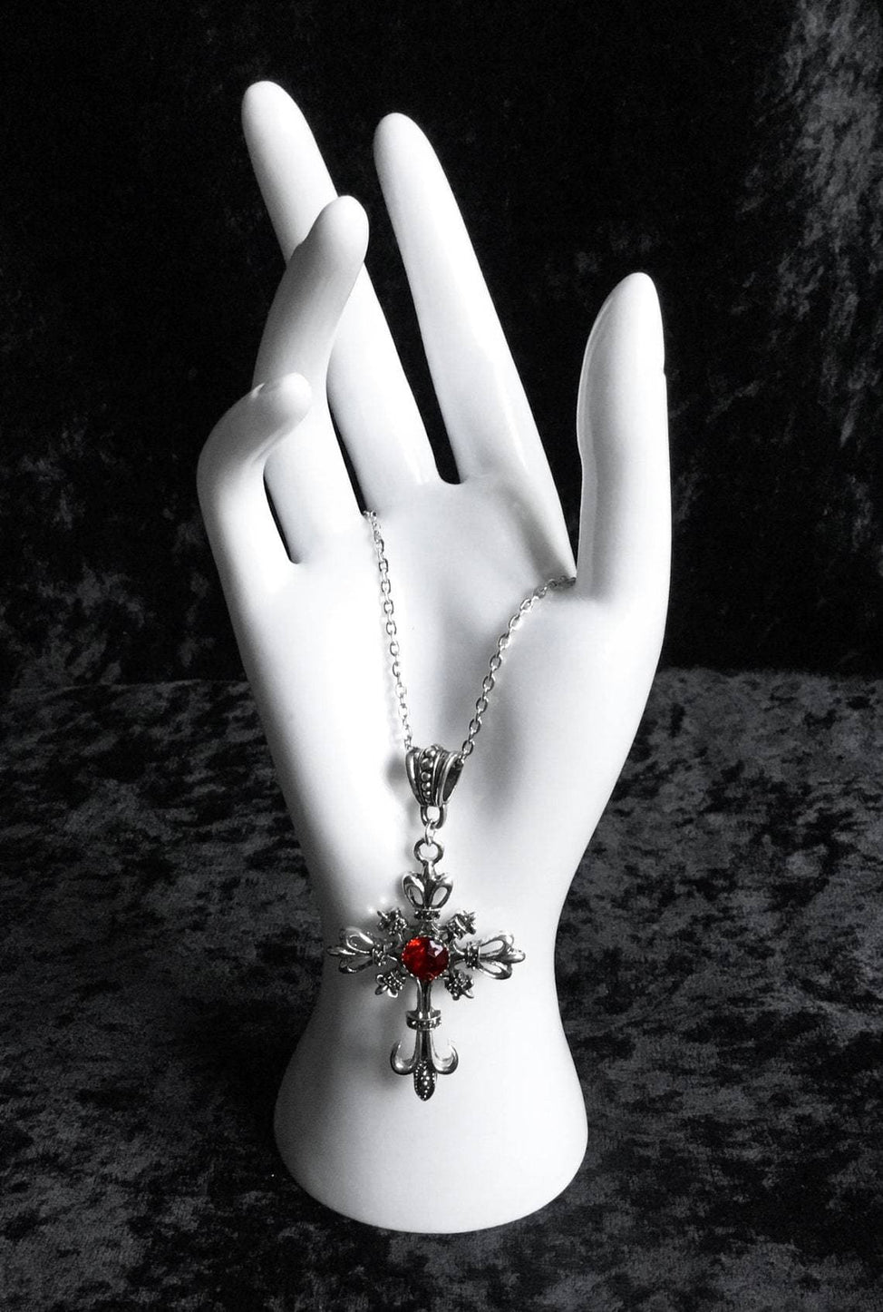 Enchanting Gothic Cross Necklace with Blood Red Jewel - Dark Elegance for Fall & Halloween