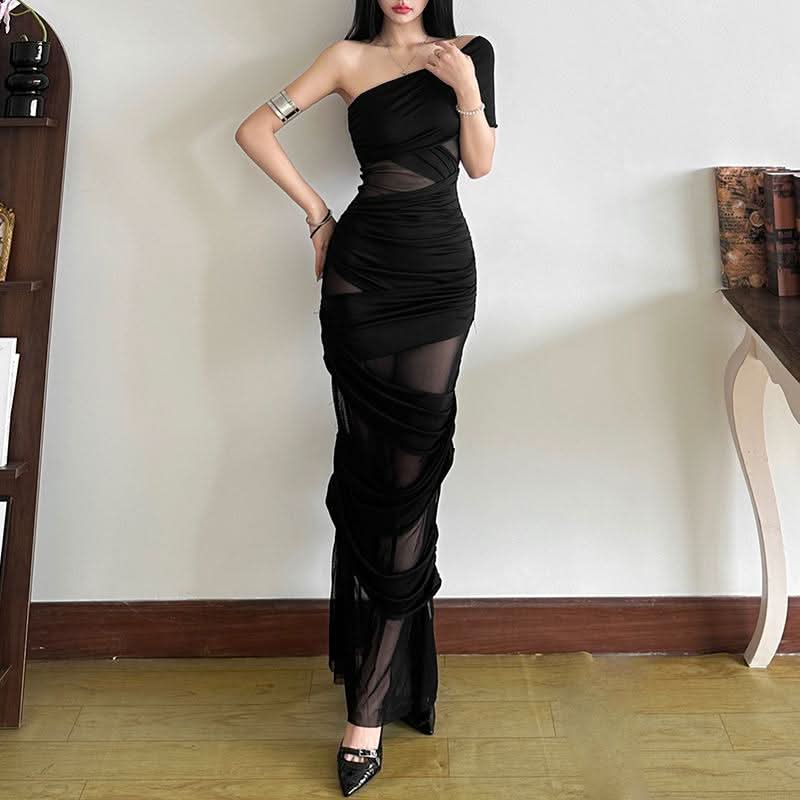 Alluring Black Off-Shoulder Ruched Mesh Maxi Dress - Your Fall & Holiday Statement Piece