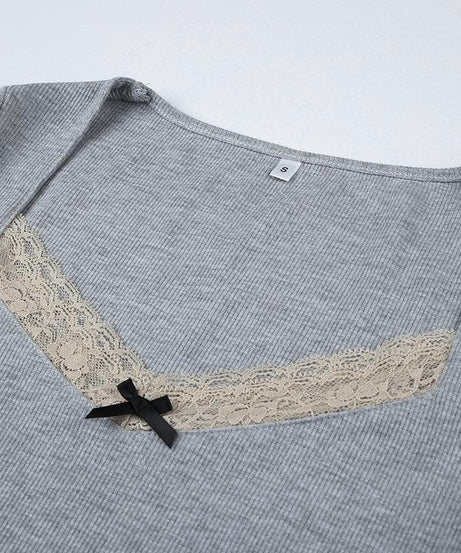 Chic Fall Nights Sweetheart Lace Long Sleeve Crop Top - Y2K Ribbed Tee