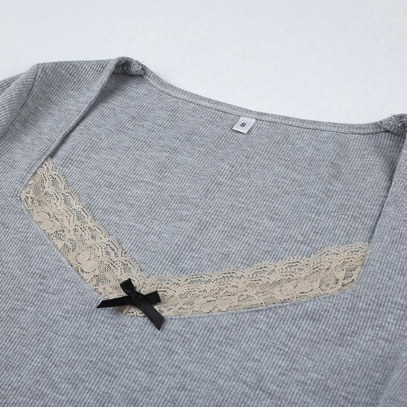 Chic Fall Nights Sweetheart Lace Long Sleeve Crop Top - Y2K Ribbed Tee