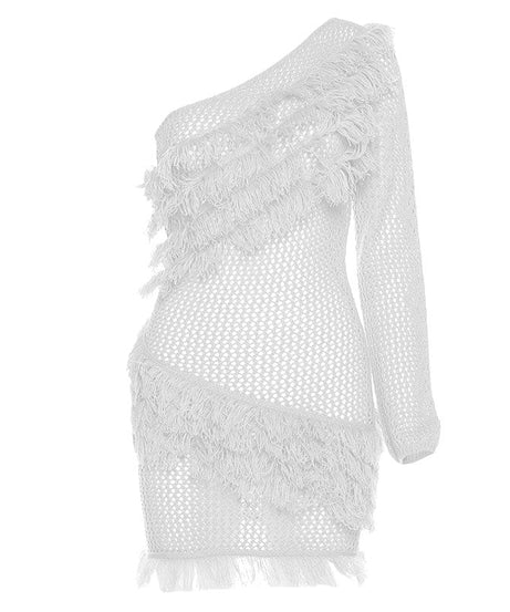 Fall Fringe Flair: One-Shoulder Crochet Knit Mini Dress | Chic Party & Holiday Statement