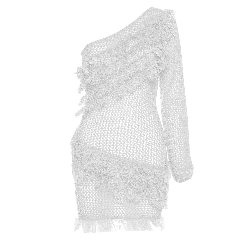 Fall Fringe Flair: One-Shoulder Crochet Knit Mini Dress | Chic Party & Holiday Statement