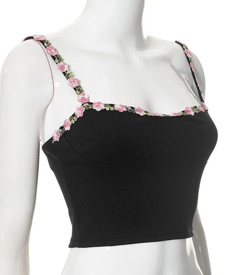 Chic Black Floral Embroidered Cami Crop Top - Romantic Fall Style for Women