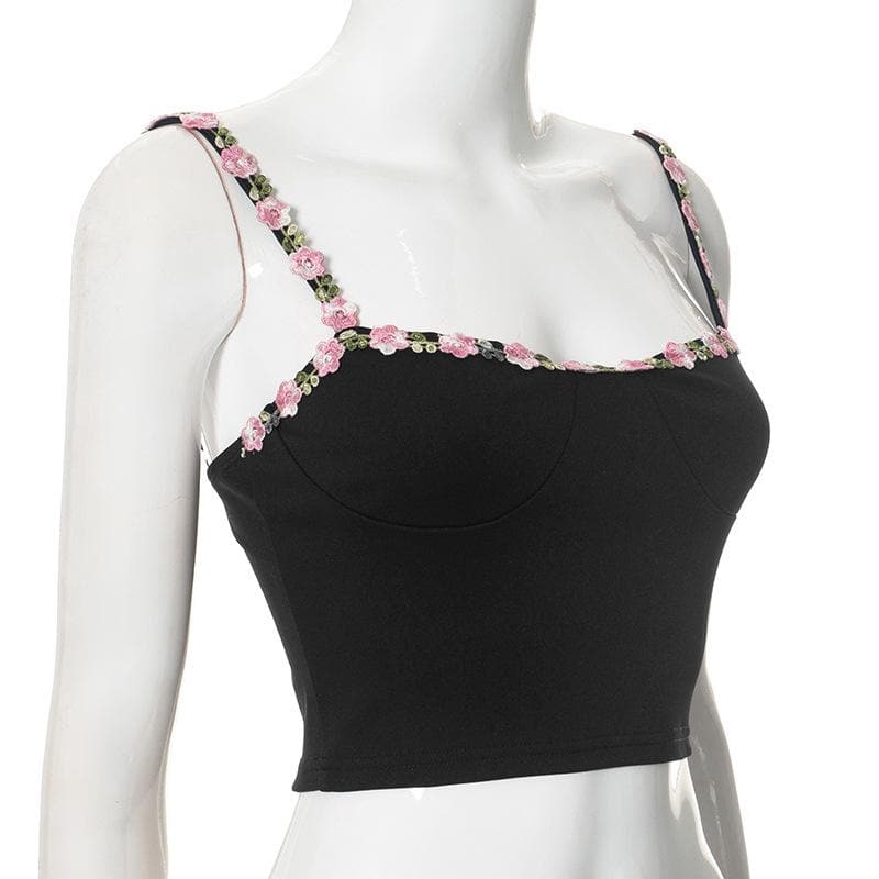 Chic Black Floral Embroidered Cami Crop Top - Romantic Fall Style for Women