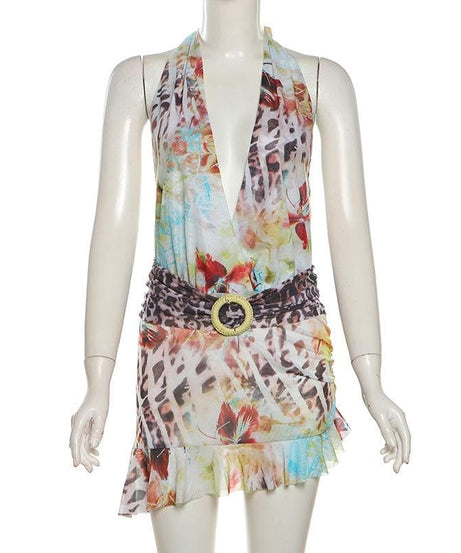 Daring Fall Floral & Leopard Halter Mini Dress - Deep V Mesh Party Style