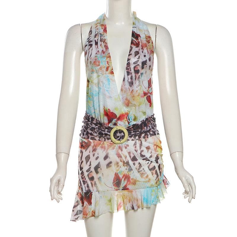 Daring Fall Floral & Leopard Halter Mini Dress - Deep V Mesh Party Style